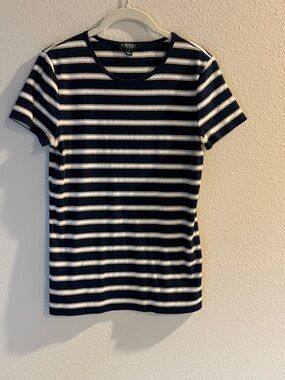 LAUREN Ralph Lauren Navy, White & Gold Striped Short Sleeve Tee